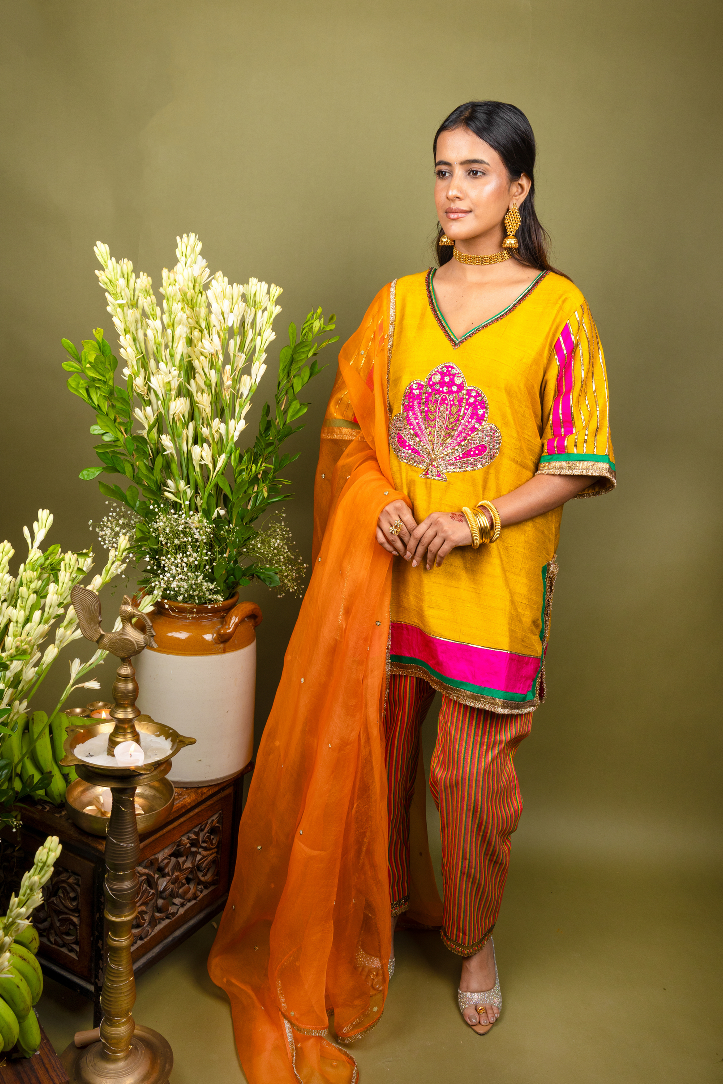 Aabha Mustard Yellow Silk Embroidered Kurta Set