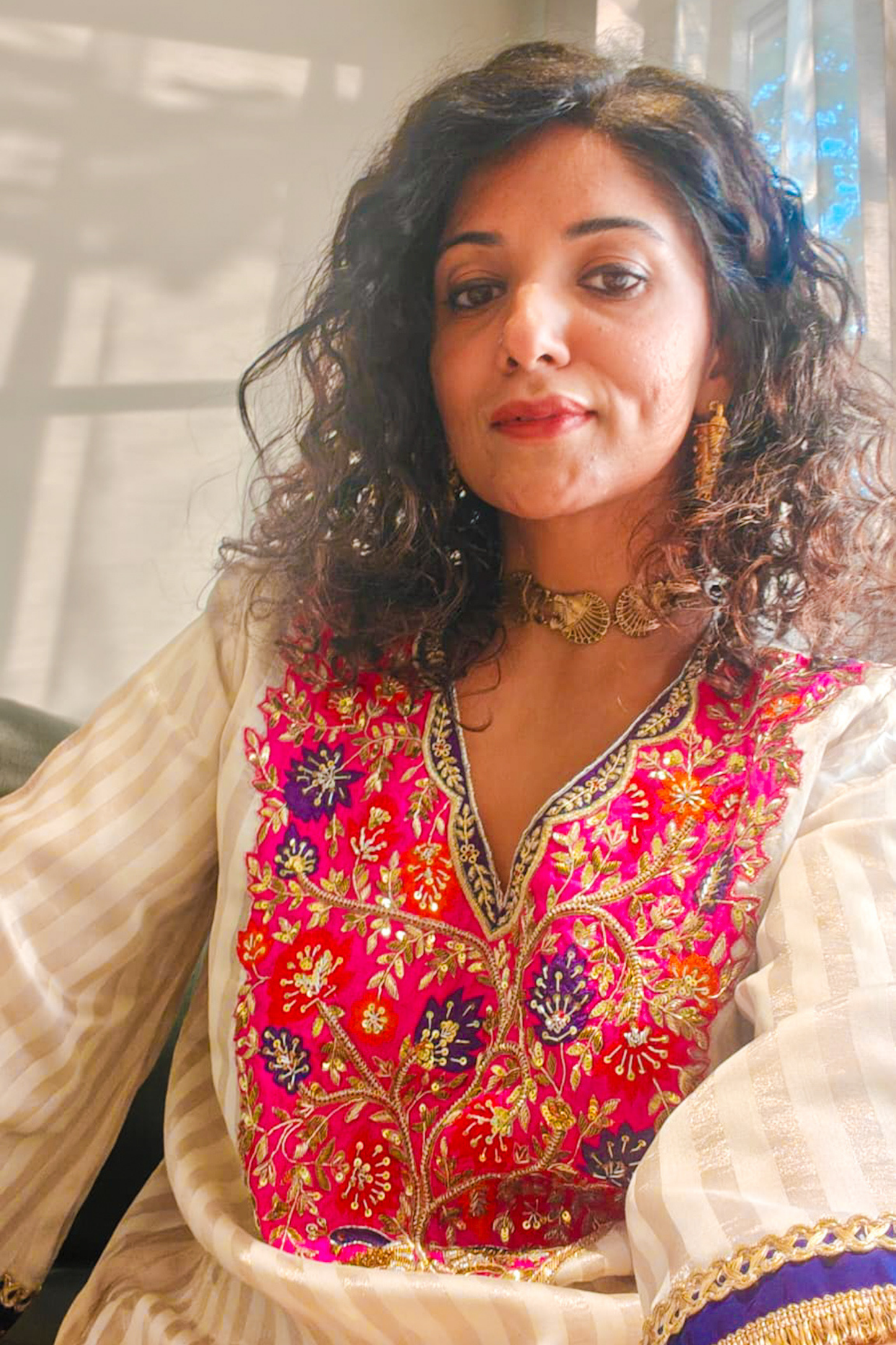 Chandgulab Off-White Tissue Stripe Embroidered Kaftan Set