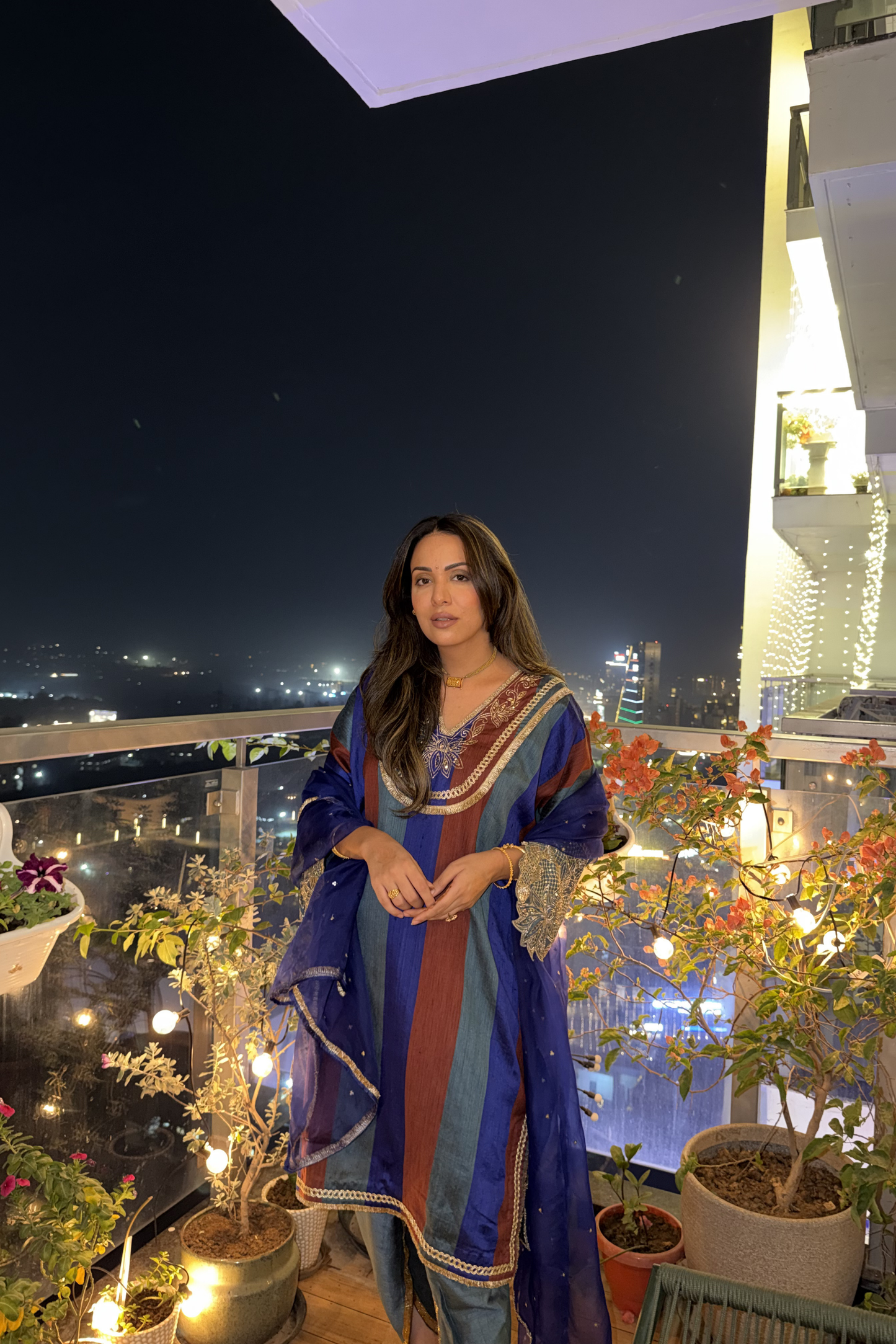 Kamodini Blue Silk Embroidered Kaftan Set