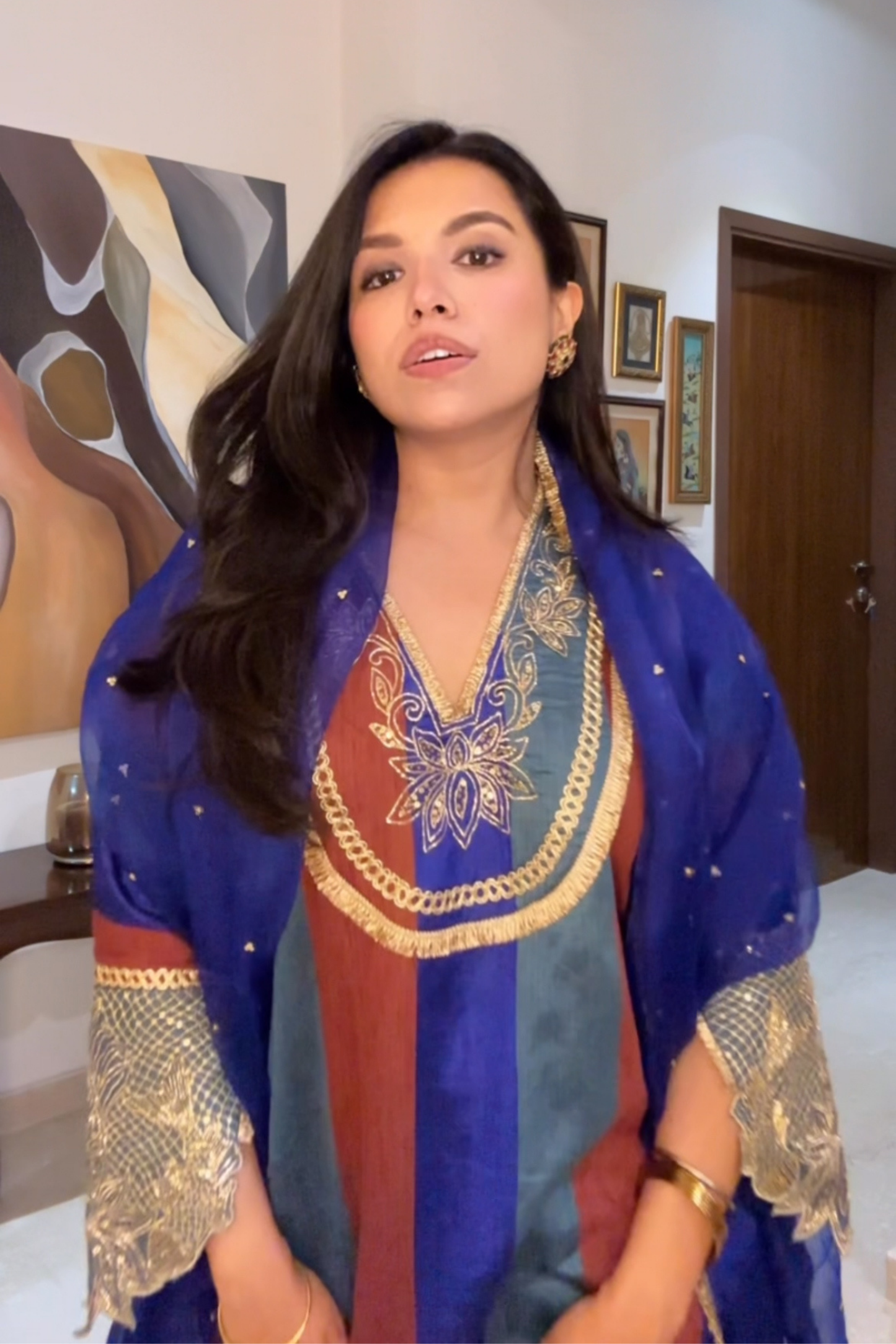 Kamodini Blue Silk Embroidered Kaftan Set