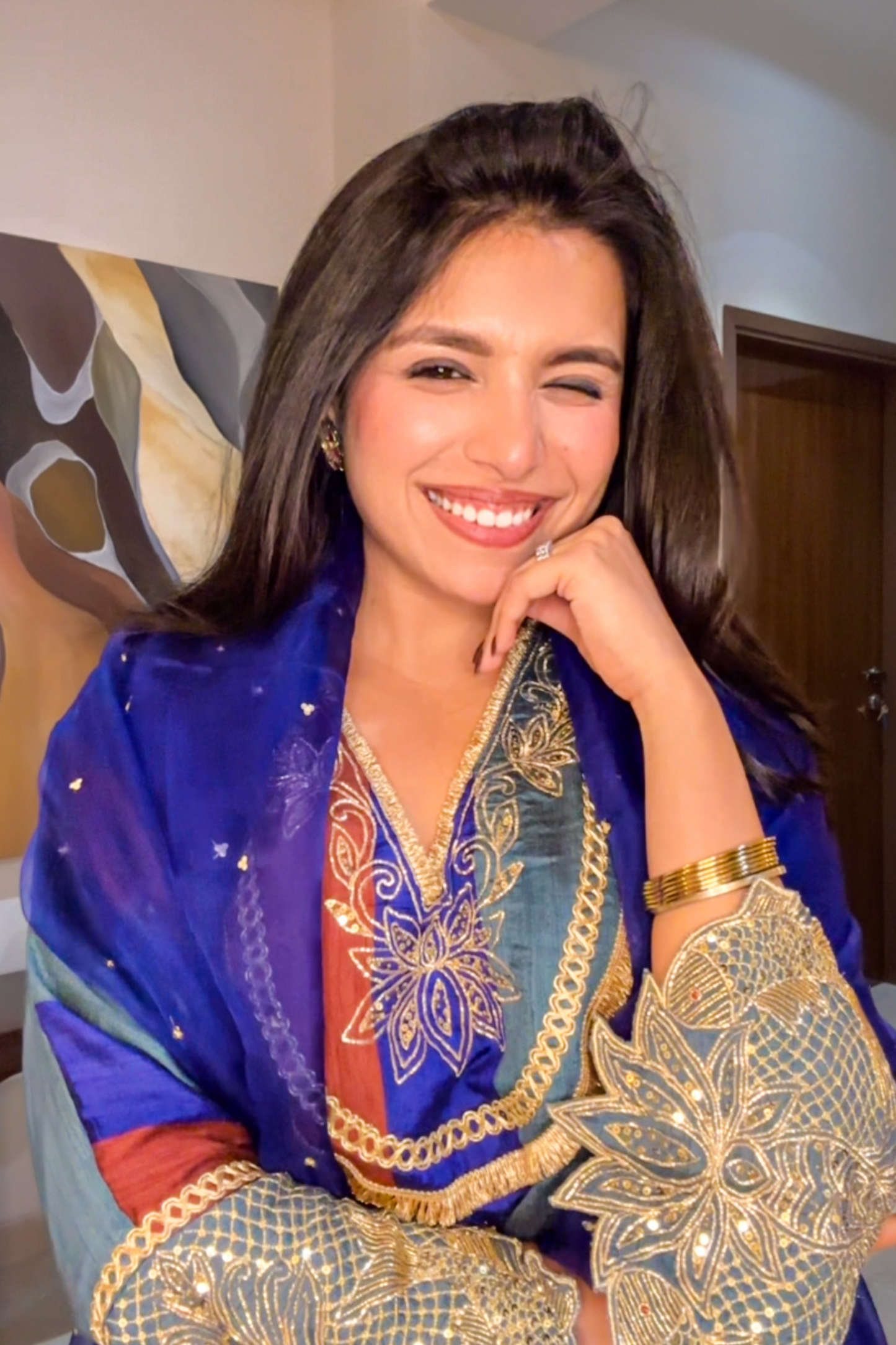 Kamodini Blue Silk Embroidered Kaftan Set