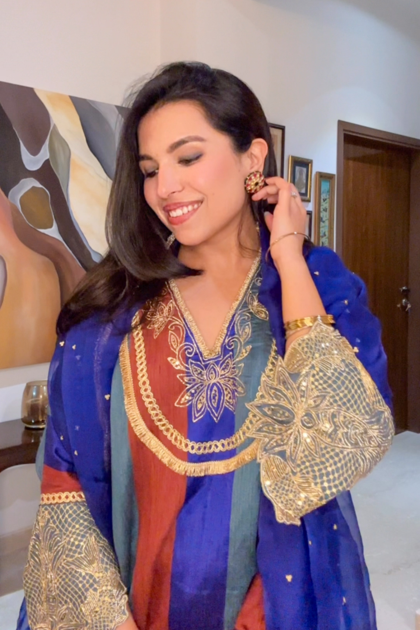 Kamodini Blue Silk Embroidered Kaftan Set