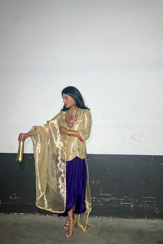 Khudrang Gold Embroidered Tissue Indo-Western Kurta Set