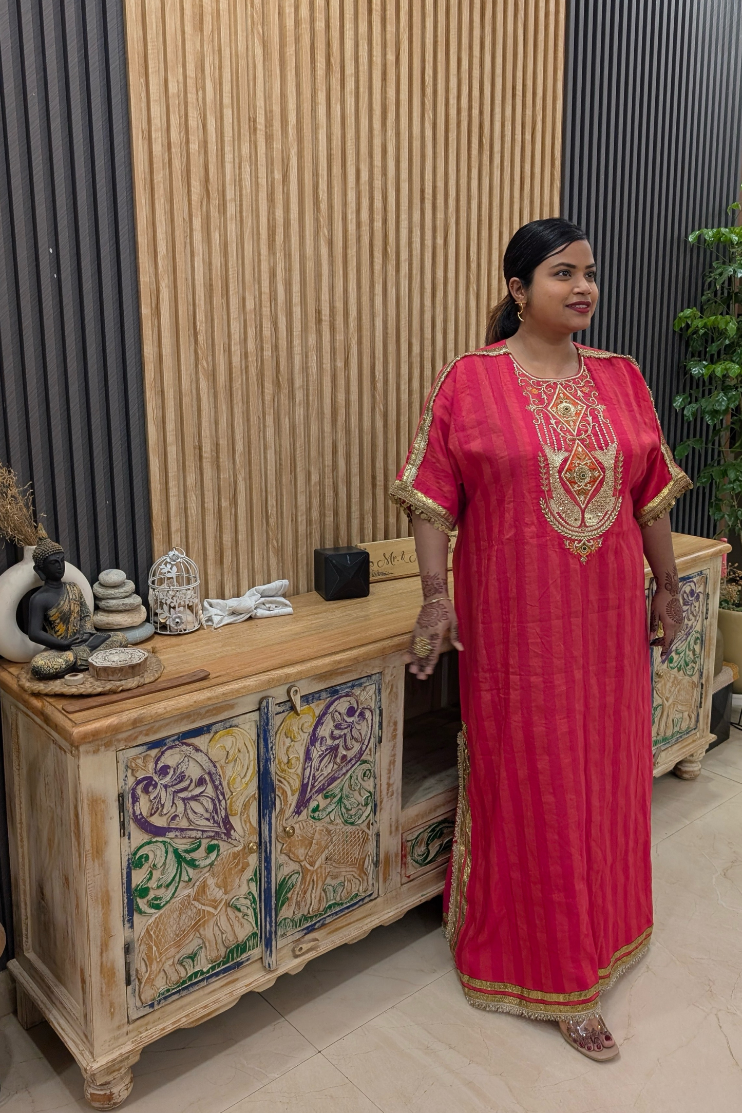 Neeranjali Fuschia Pink Embroidered Silk Kaftan
