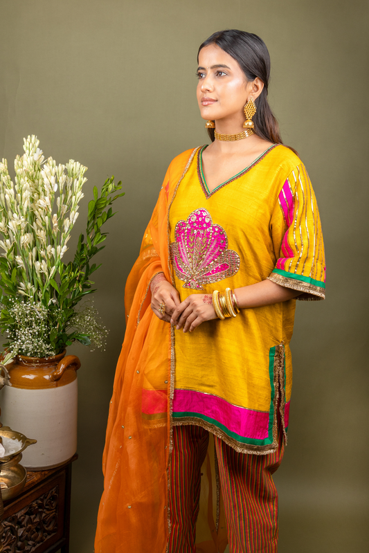 Aabha Mustard Yellow Silk Embroidered Kurta Set