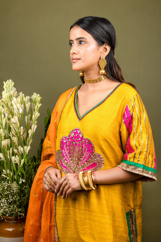 Aabha Mustard Yellow Silk Embroidered Kurta Set