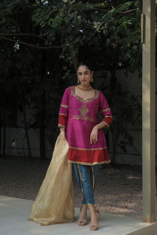 Gulnaar Magenta Pink Silk Embroidered Kurta Set