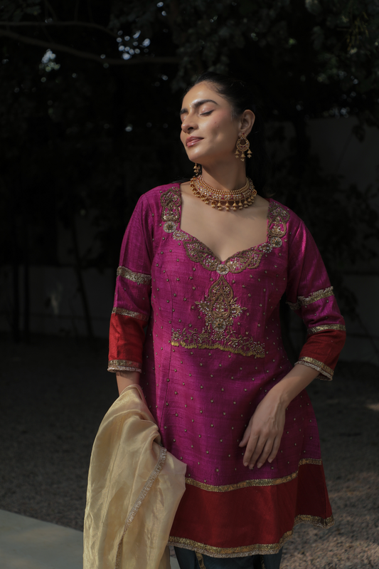 Gulnaar Magenta Pink Silk Embroidered Kurta Set