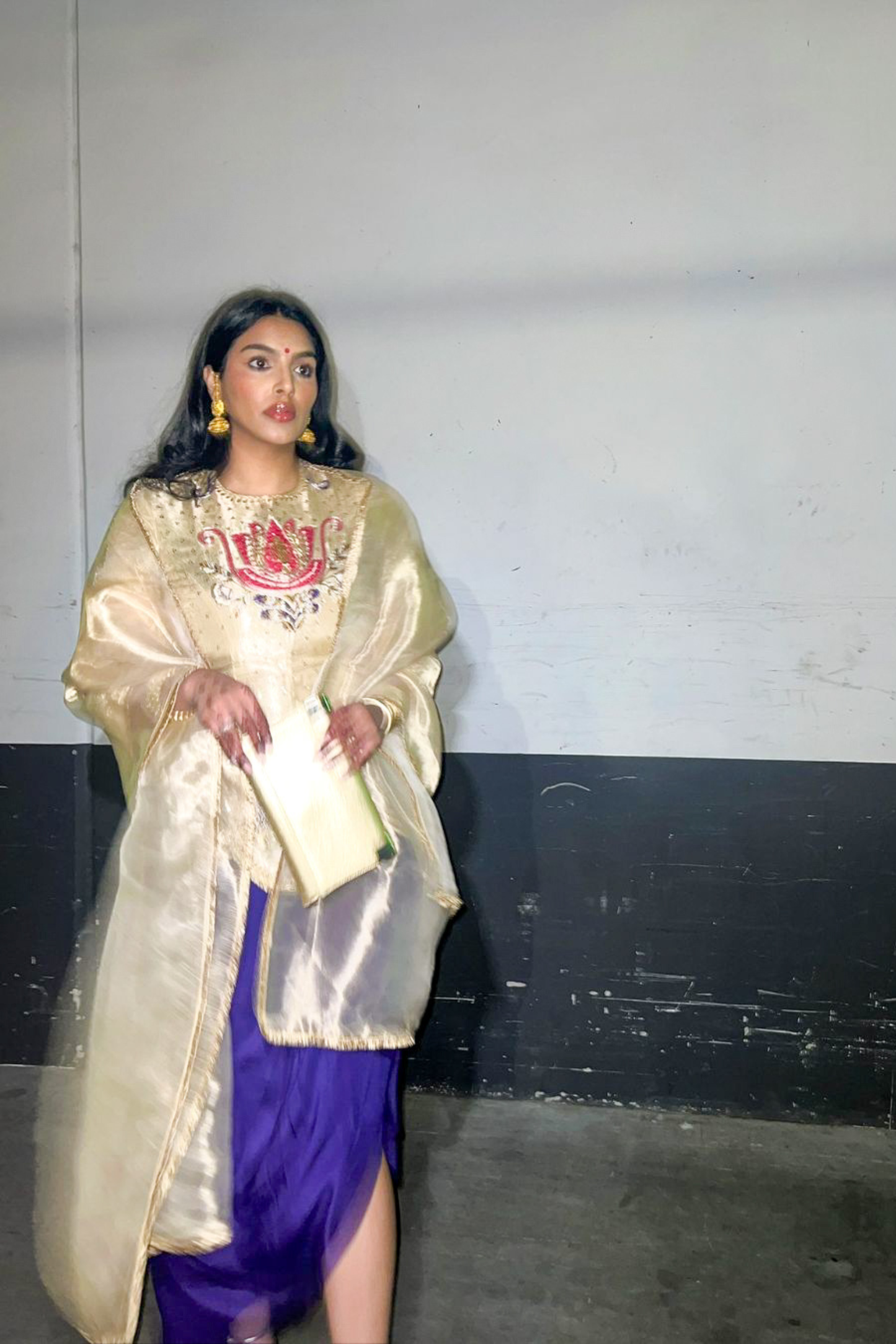 Khudrang Gold Embroidered Tissue Indo-Western Kurta Set