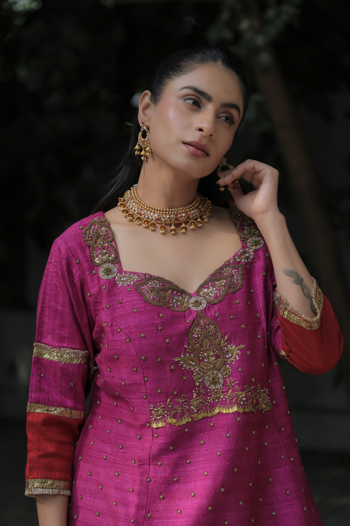 Gulnaar Magenta Pink Silk Embroidered Kurta Set