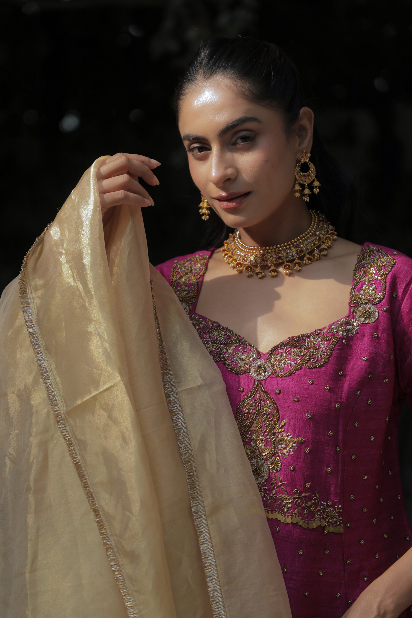 Gulnaar Magenta Pink Silk Embroidered Kurta Set