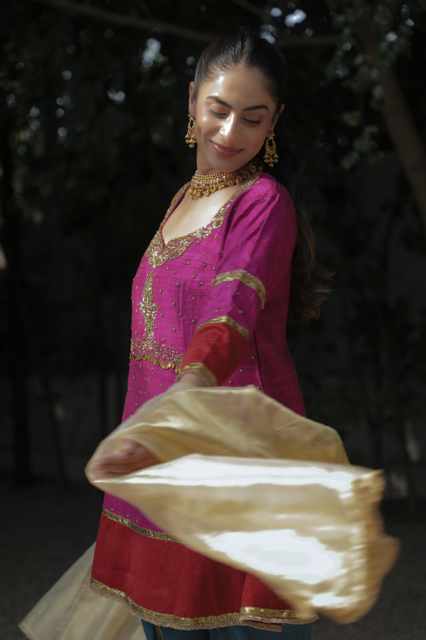 Gulnaar Magenta Pink Silk Embroidered Kurta Set