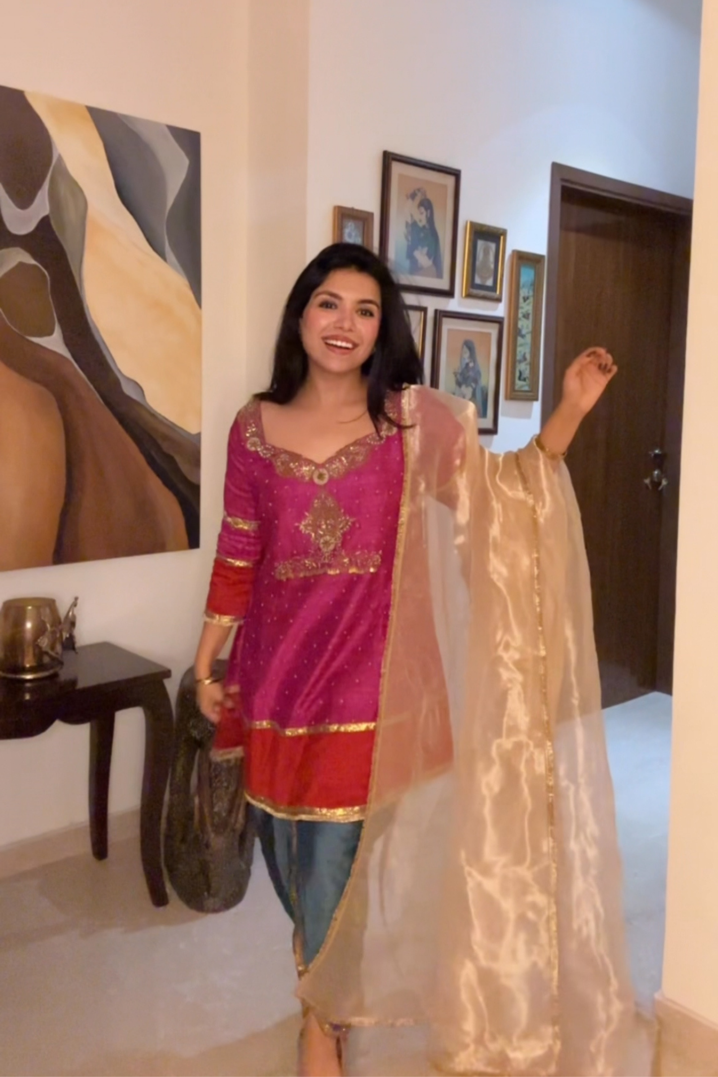 Gulnaar Magenta Pink Silk Embroidered Kurta Set