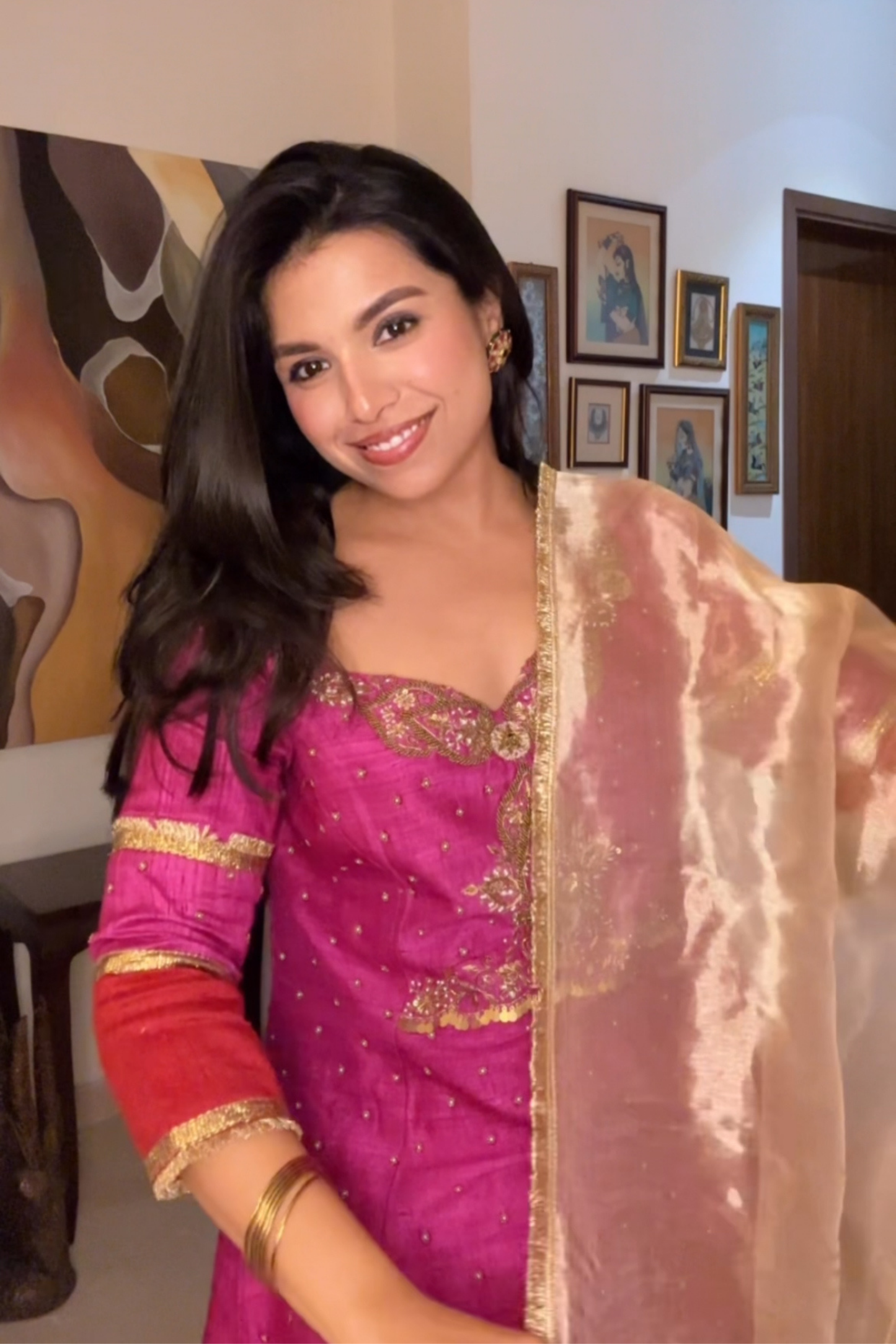 Gulnaar Magenta Pink Silk Embroidered Kurta Set