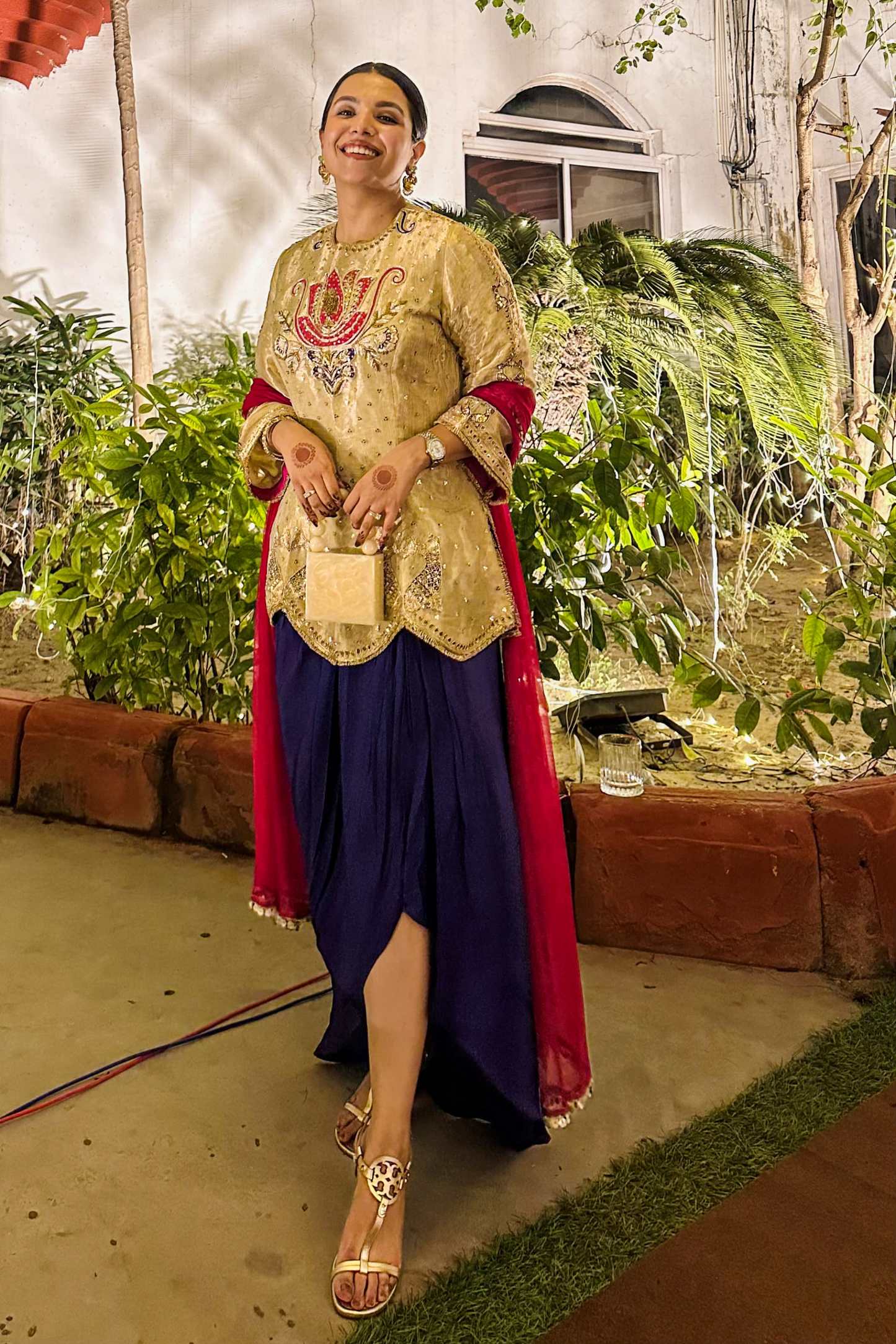 Khudrang Gold Embroidered Tissue Indo-Western Kurta Set