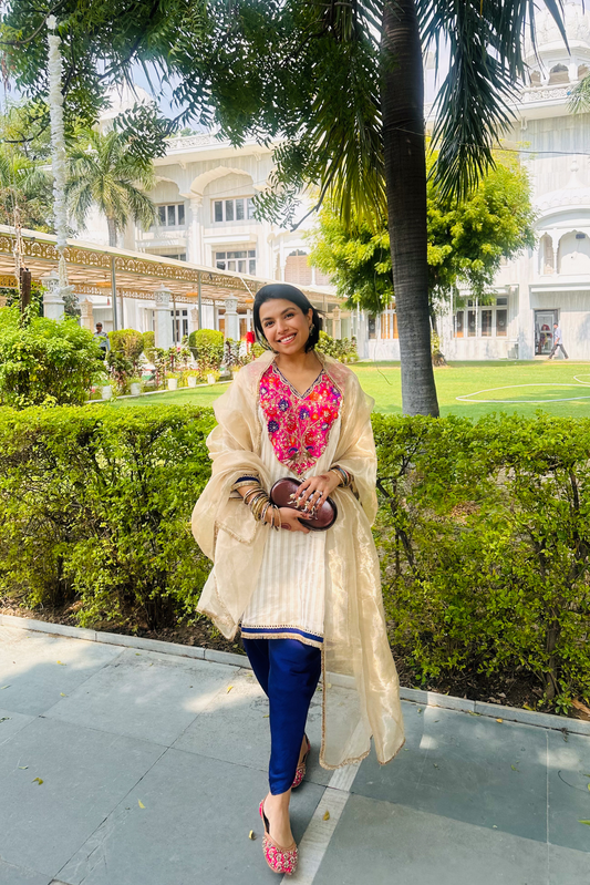 Chandgulab Off-White Tissue Stripe Embroidered Kaftan Set