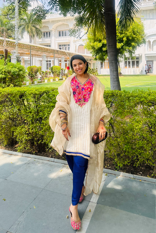 Chandgulab Off-White Tissue Stripe Embroidered Kaftan Set