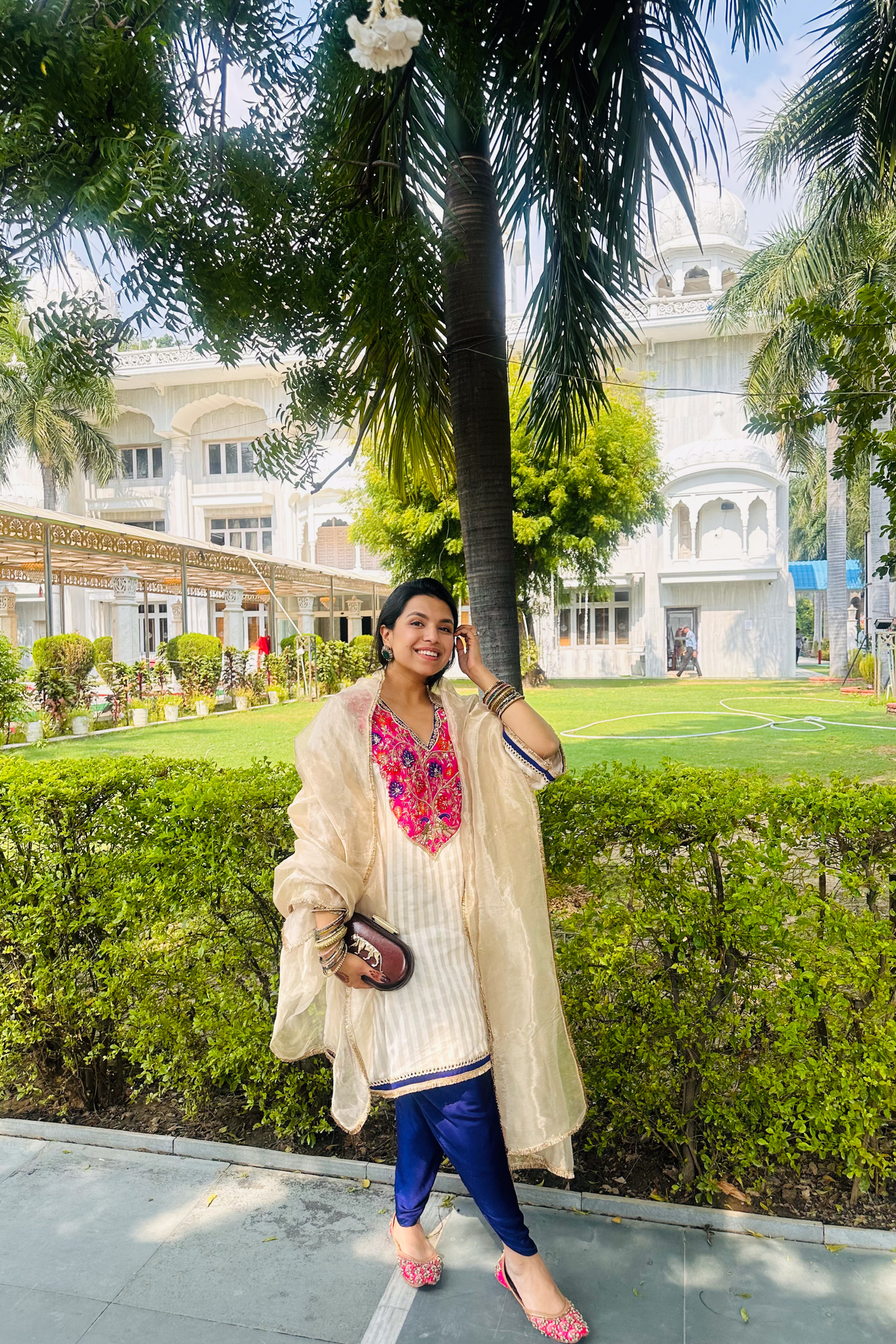 Chandgulab Off-White Tissue Stripe Embroidered Kaftan Set