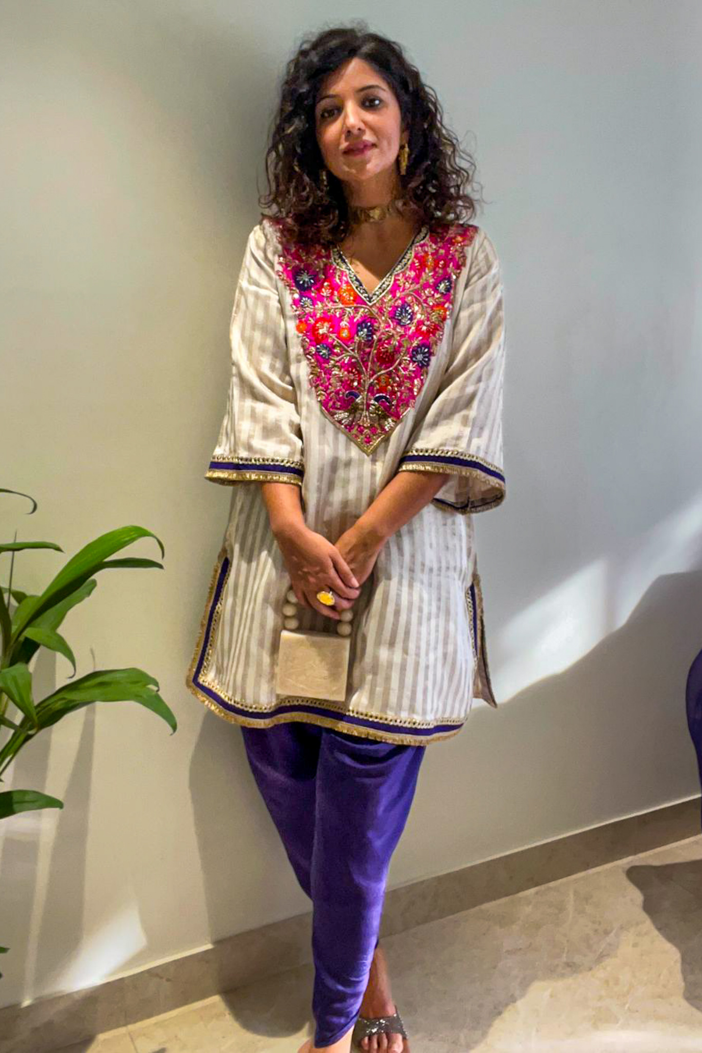 Chandgulab Off-White Tissue Stripe Embroidered Kaftan Set