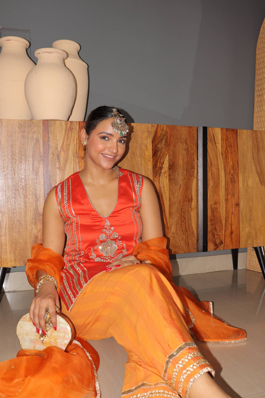 Kesarika Orange Silk Chanderi Embroidered Kurta Set