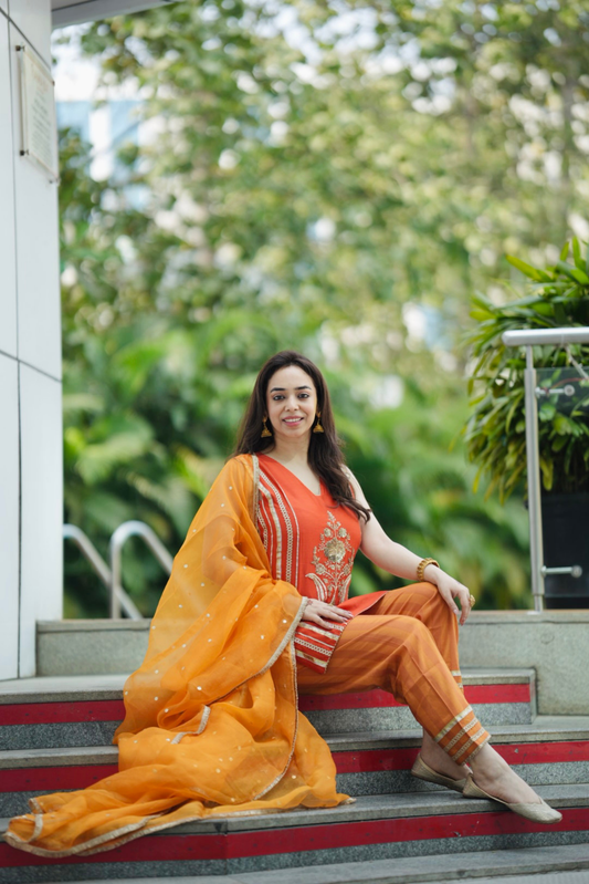 Kesarika Orange Silk Chanderi Embroidered Kurta Set
