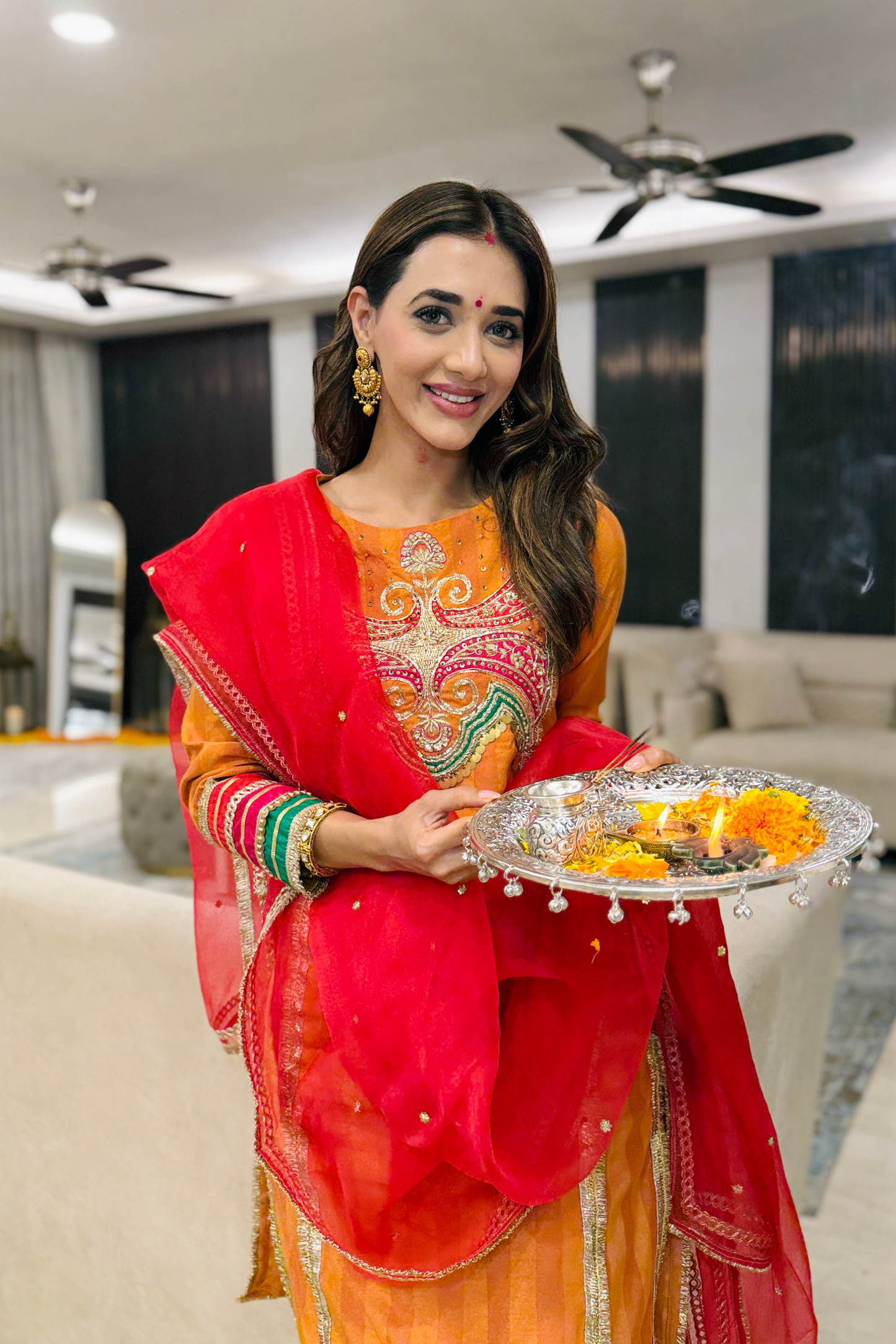 Saajrang Orange Silk Embroidered Kurta Set