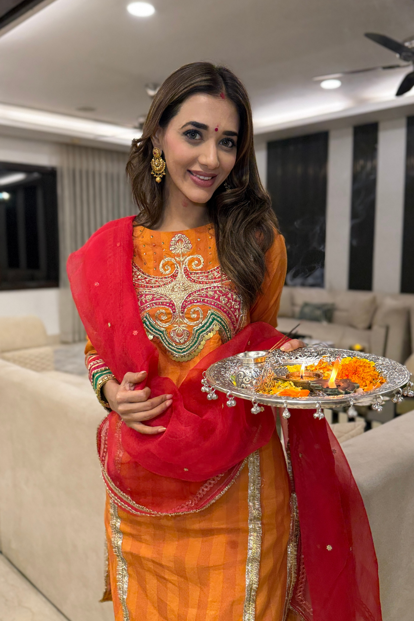 Saajrang Orange Silk Embroidered Kurta Set