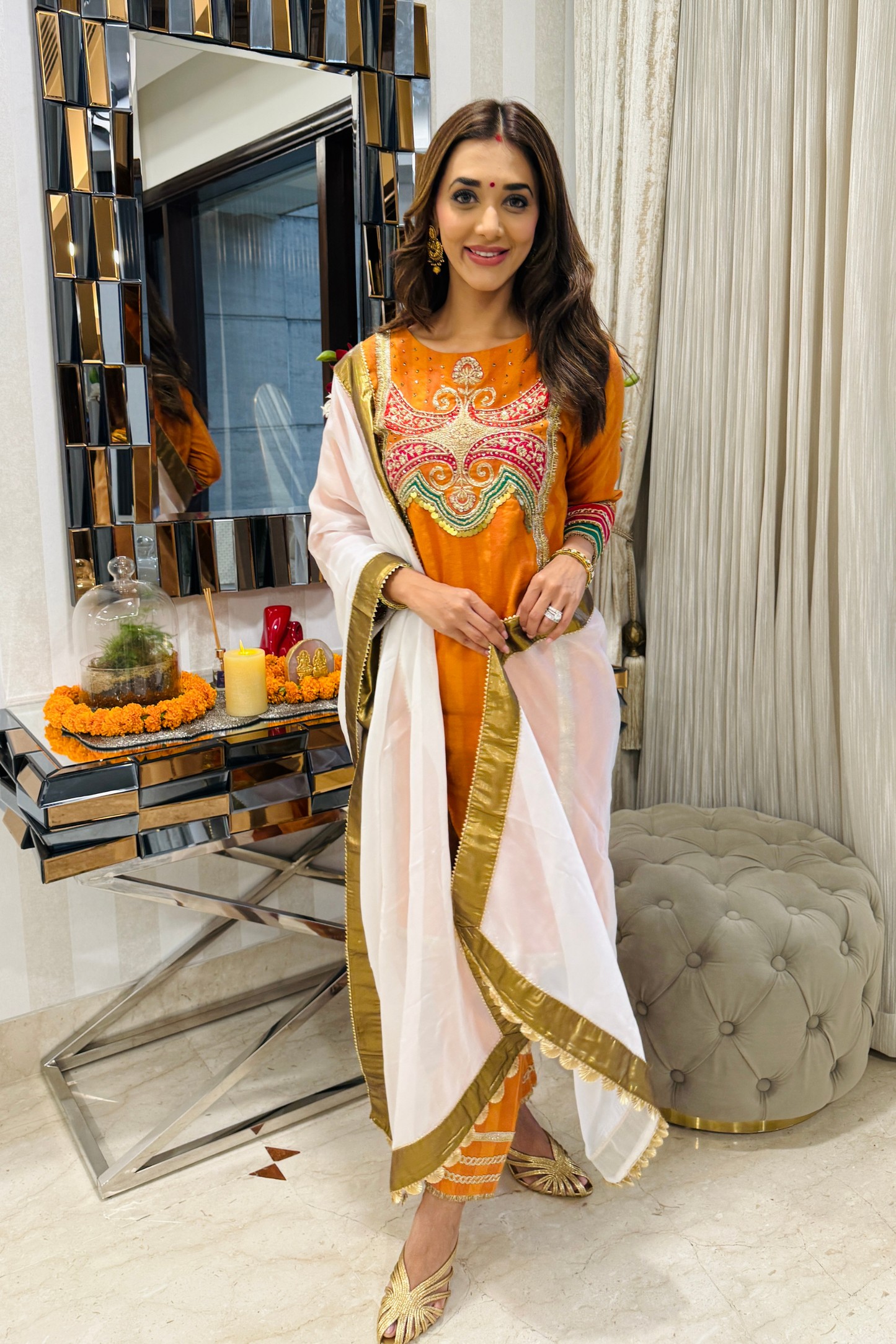 Saajrang Orange Silk Embroidered Kurta Set