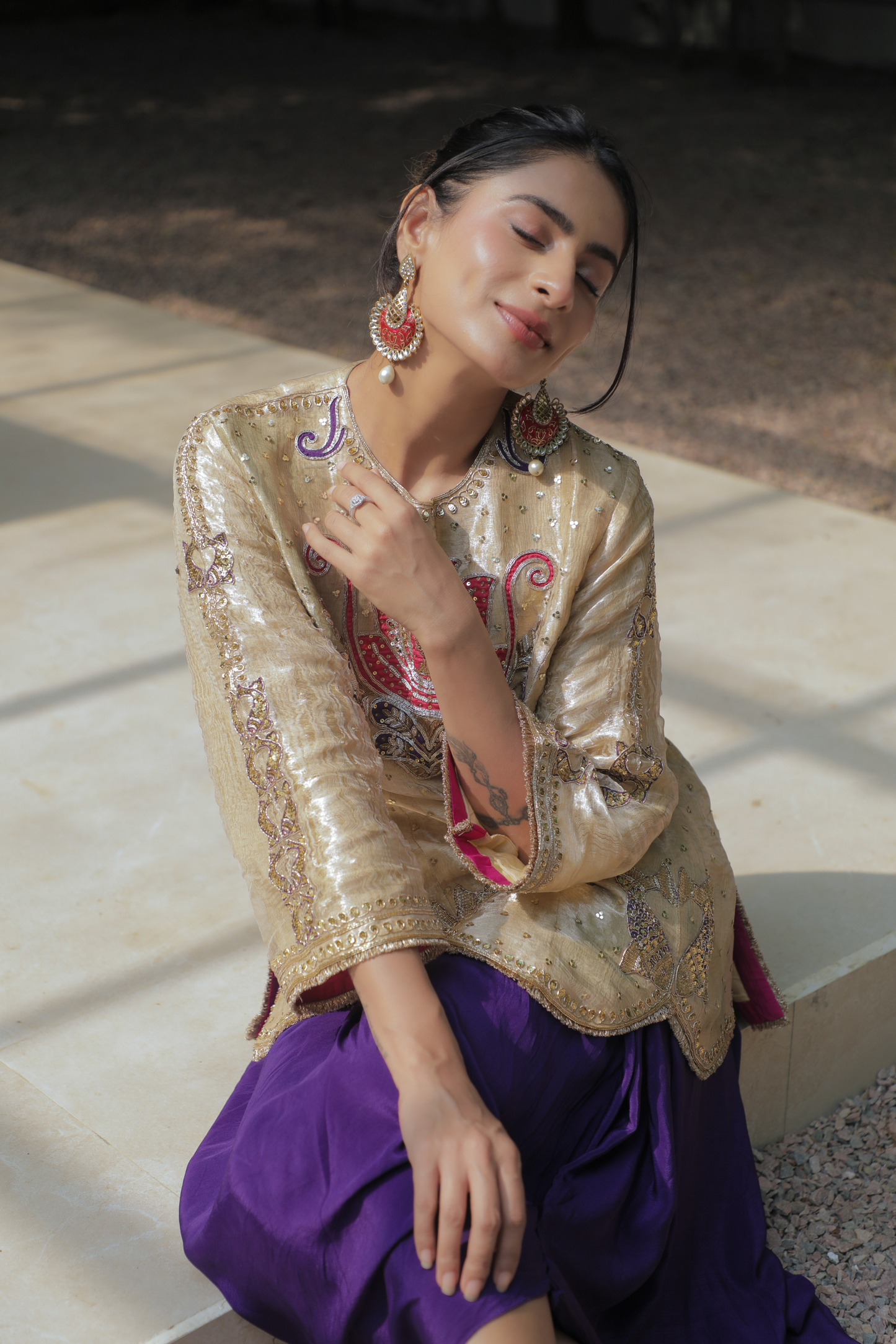 Khudrang Gold Embroidered Tissue Indo-Western Kurta Set