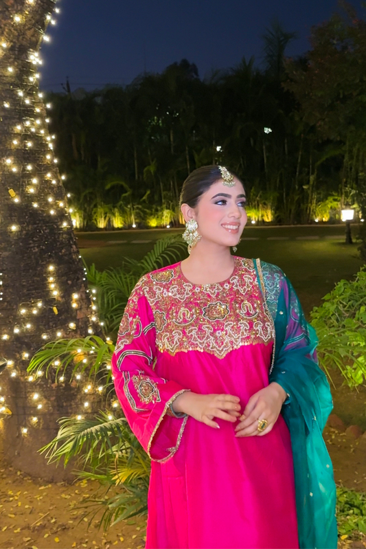 Baagerani Rani Pink Silk Embroidered Kurta Set