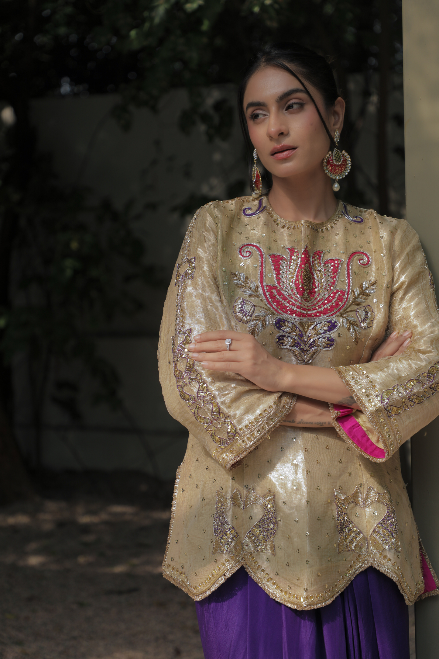 Khudrang Gold Embroidered Tissue Indo-Western Kurta Set