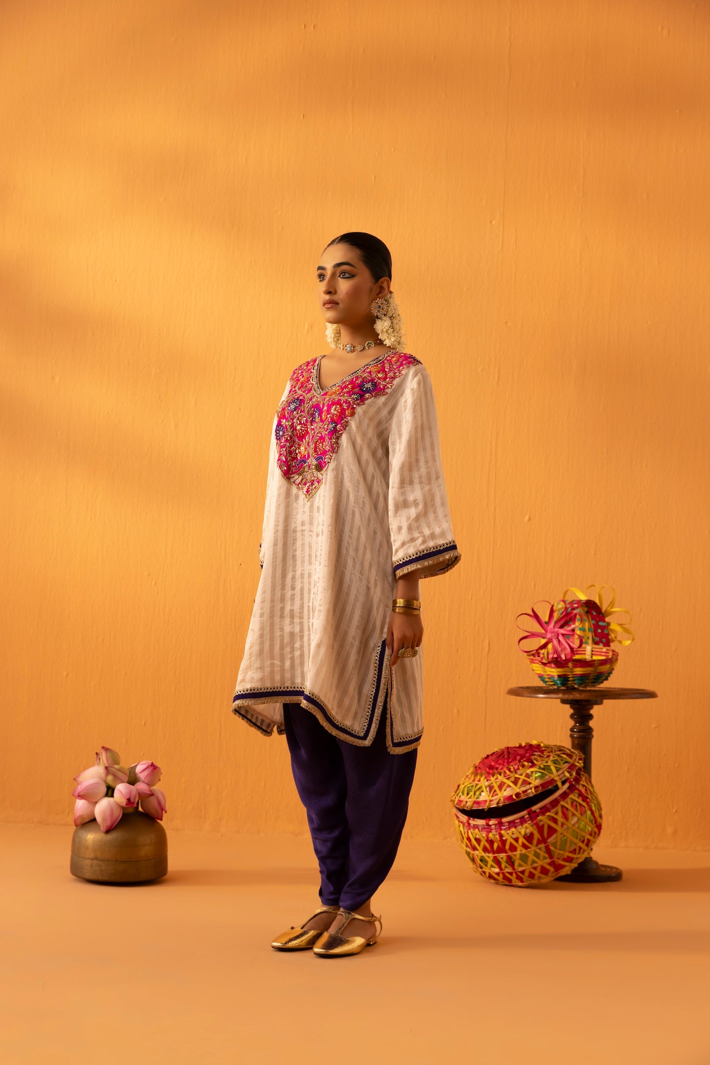 Chandgulab Off-White Tissue Stripe Embroidered Kaftan Set