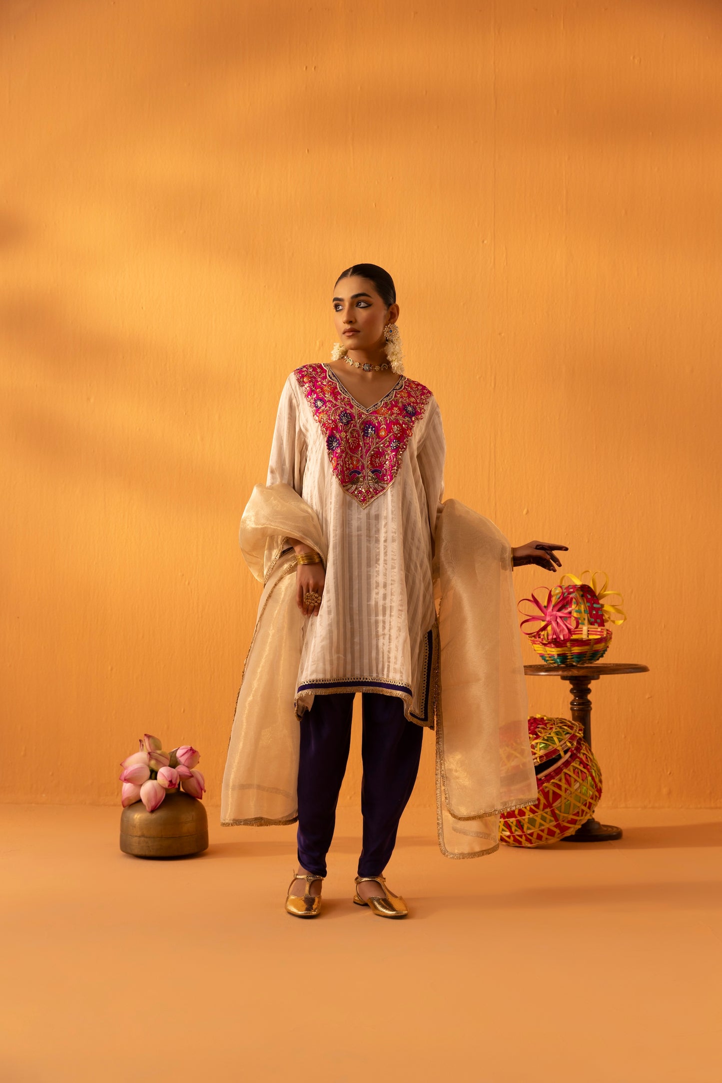 Chandgulab Off-White Tissue Stripe Embroidered Kaftan Set
