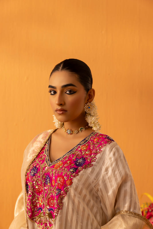 Chandgulab Off-White Tissue Stripe Embroidered Kaftan Set