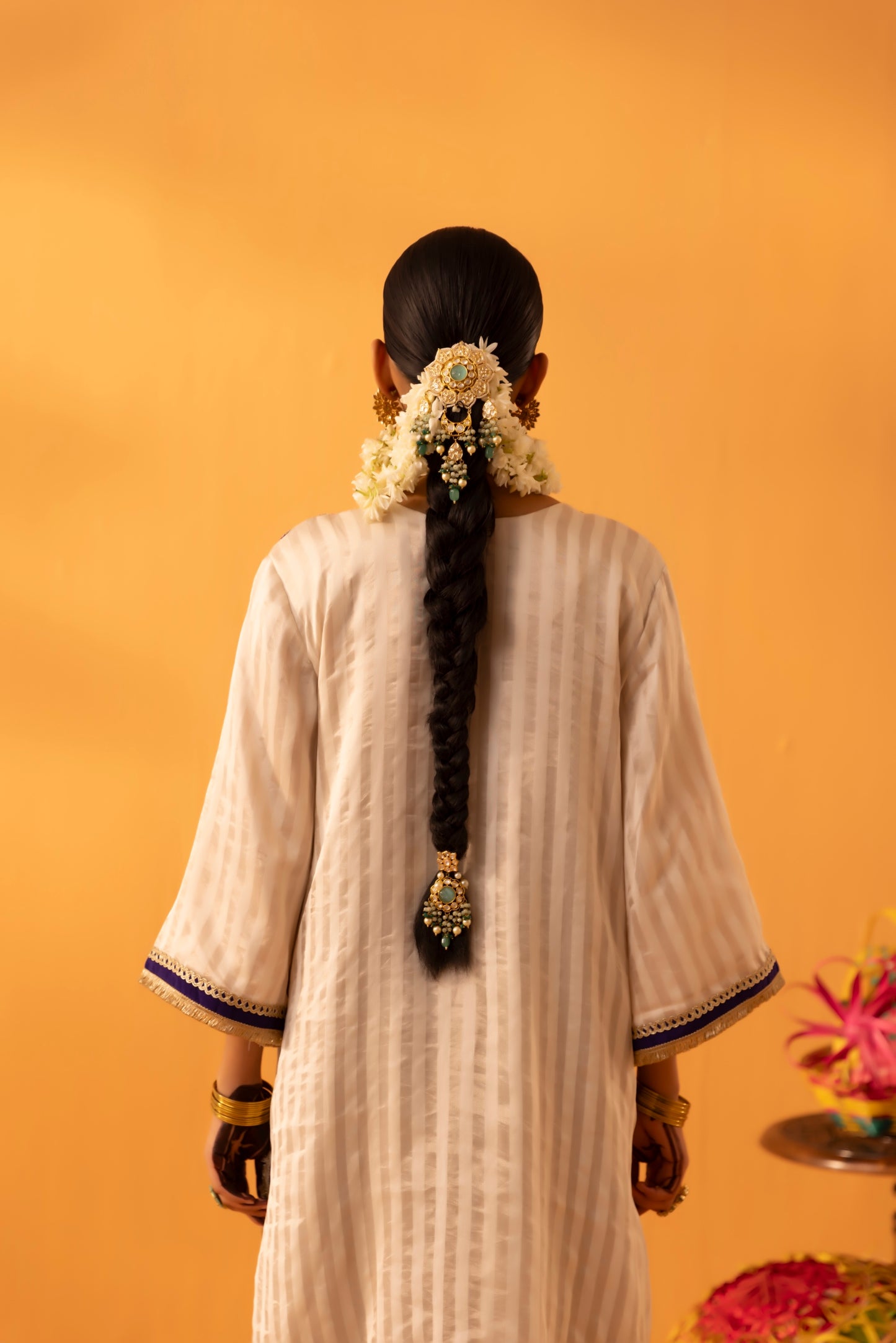 Chandgulab Off-White Tissue Stripe Embroidered Kaftan Set