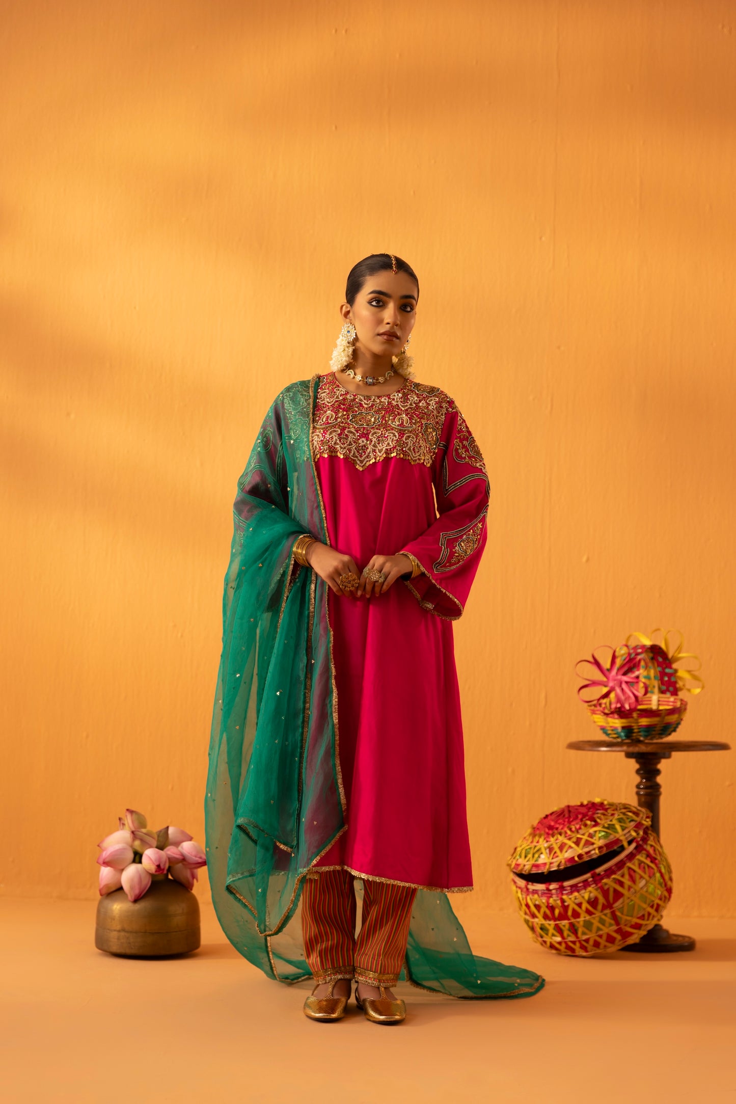Baagerani Rani Pink Silk Embroidered Kurta Set