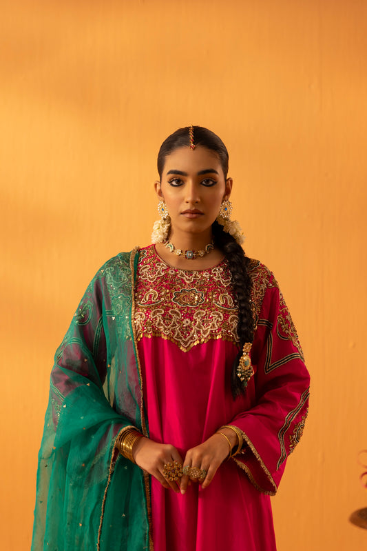 Baagerani Rani Pink Silk Embroidered Kurta Set
