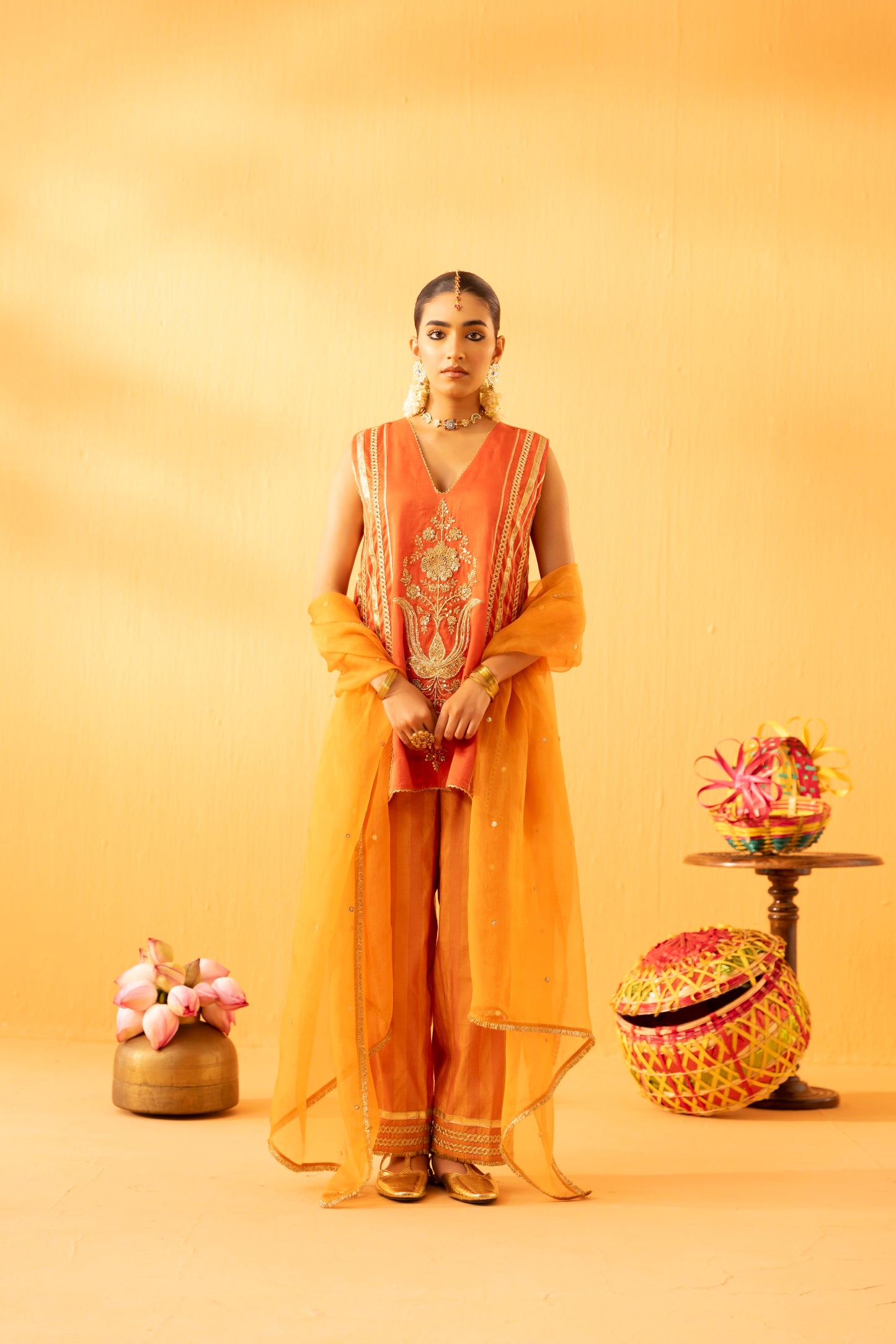 Kesarika Orange Silk Chanderi Embroidered Kurta Set