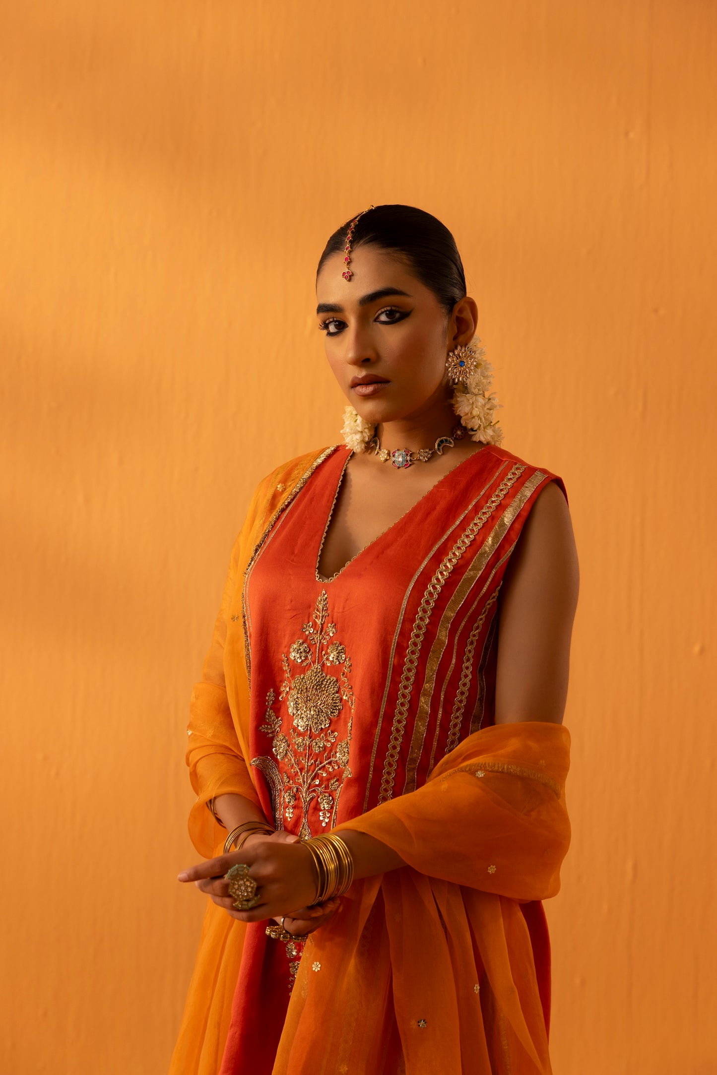 Kesarika Orange Silk Chanderi Embroidered Kurta Set