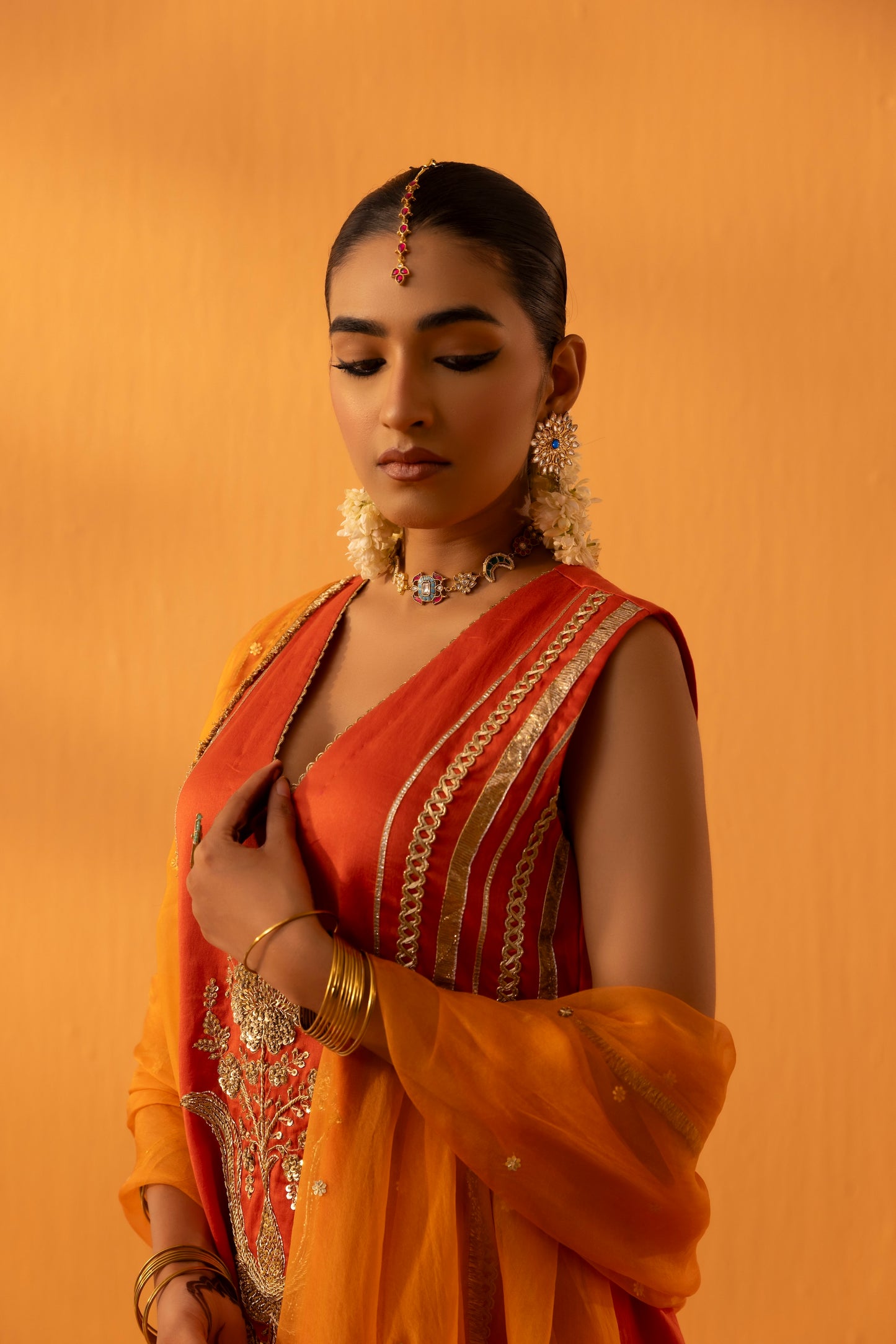 Kesarika Orange Silk Chanderi Embroidered Kurta Set
