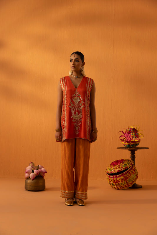 Kesarika Orange Silk Chanderi Embroidered Kurta Set