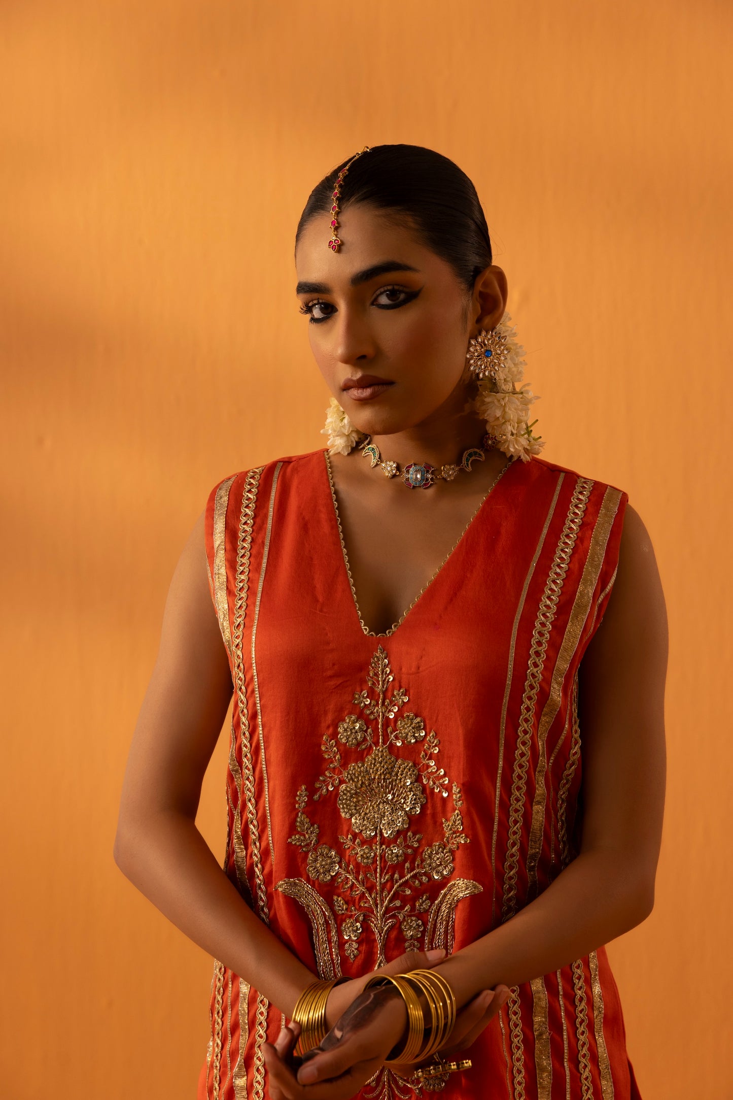Kesarika Orange Silk Chanderi Embroidered Kurta Set
