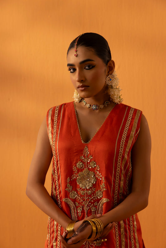 Kesarika Orange Silk Chanderi Embroidered Kurta Set