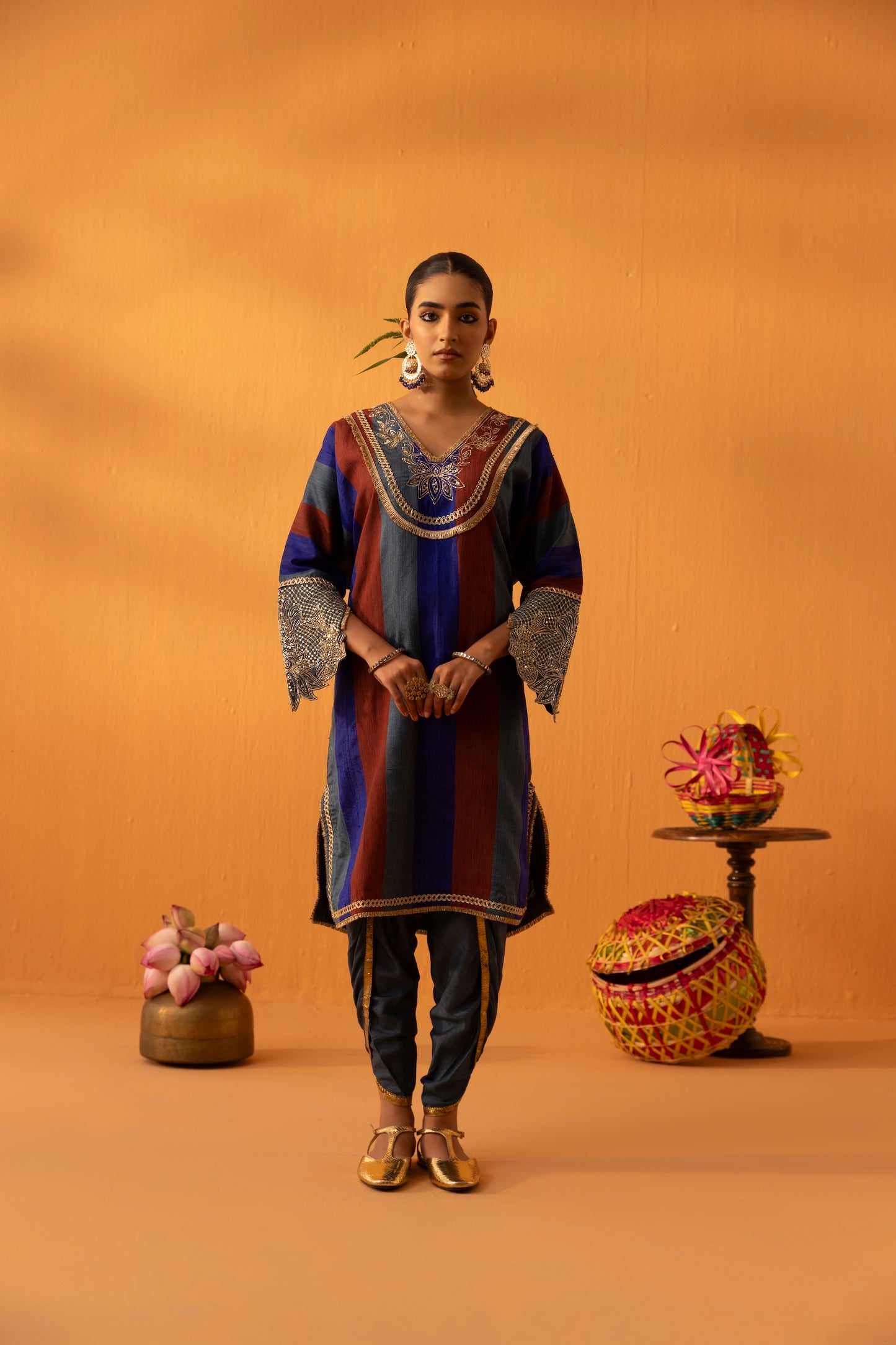 Kamodini Blue Silk Embroidered Kaftan Set