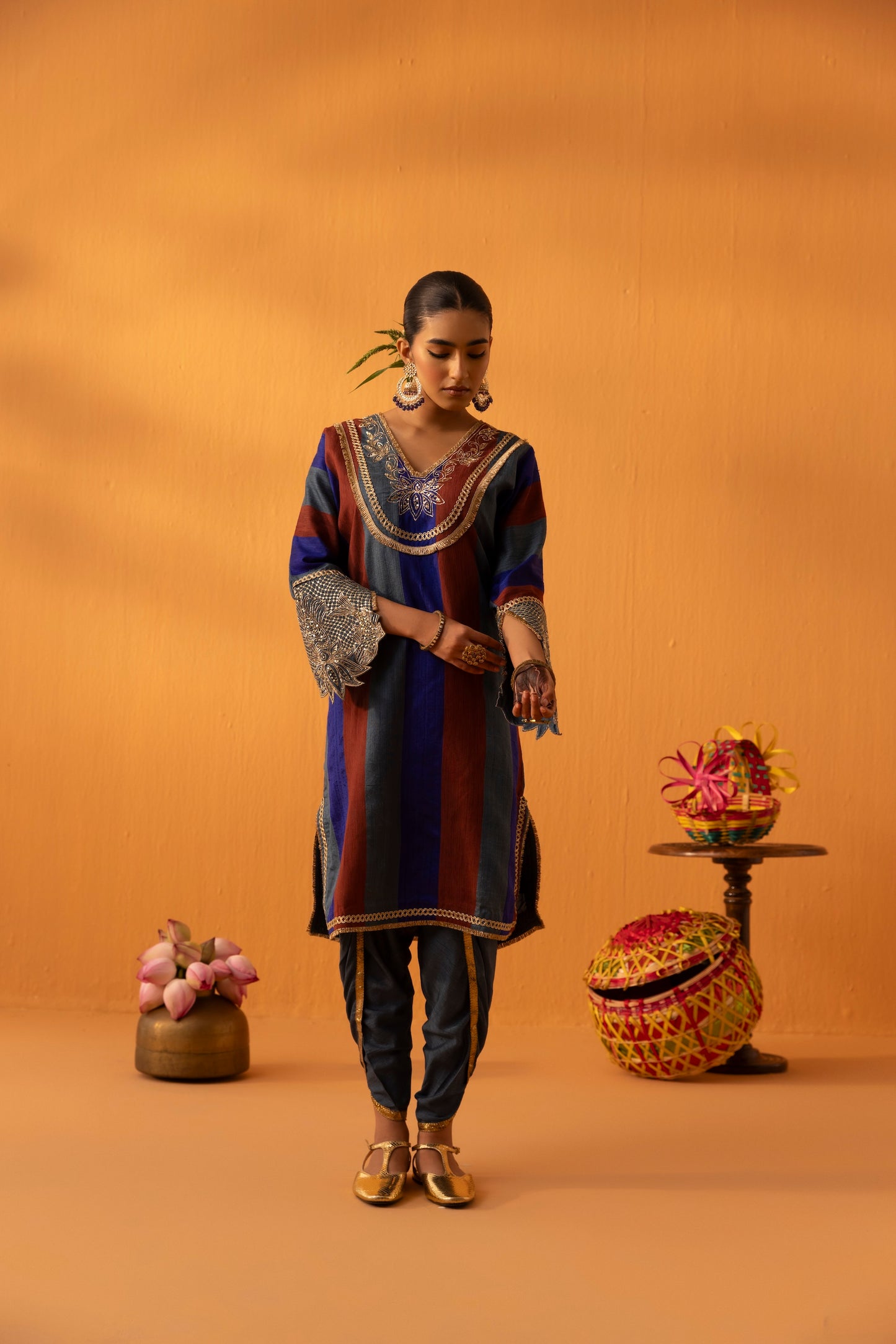 Kamodini Blue Silk Embroidered Kaftan Set