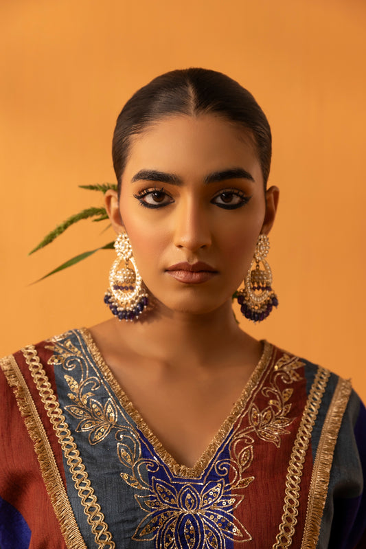 Kamodini Blue Silk Embroidered Kaftan Set