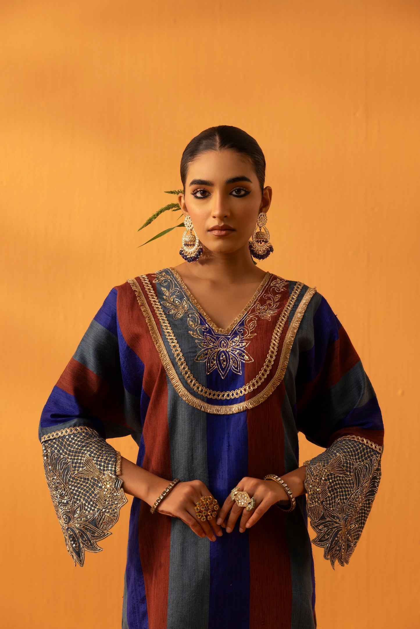 Kamodini Blue Silk Embroidered Kaftan Set
