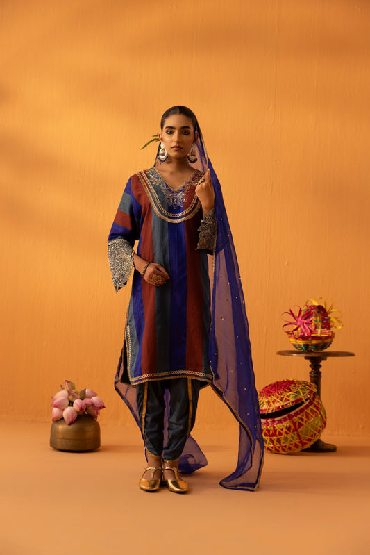 Kamodini Blue Silk Embroidered Kaftan Set
