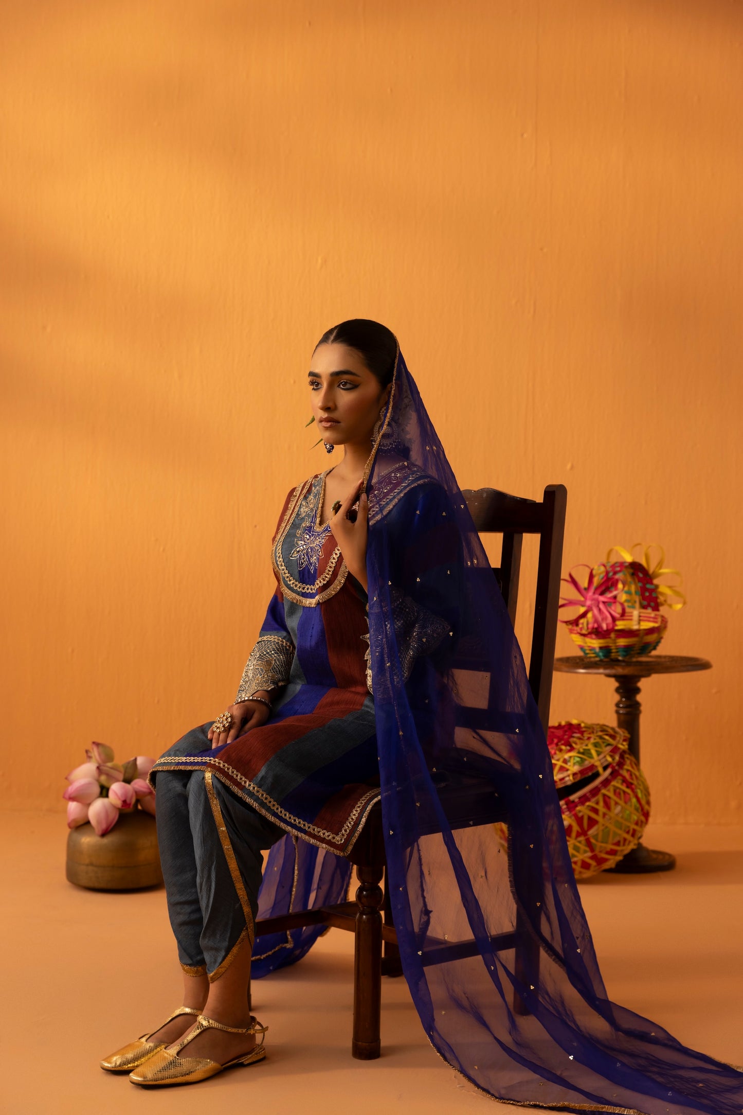 Kamodini Blue Silk Embroidered Kaftan Set