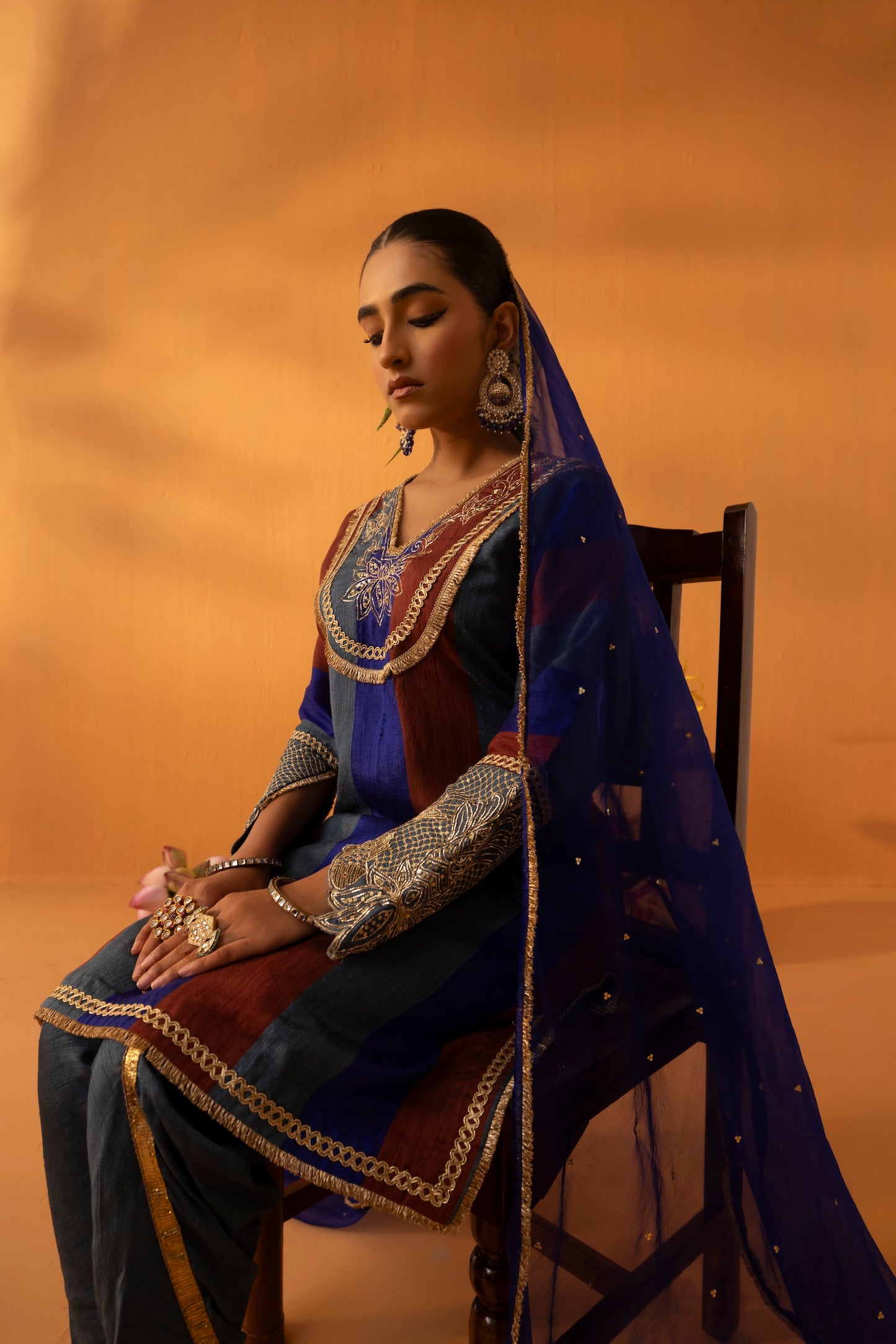 Kamodini Blue Silk Embroidered Kaftan Set